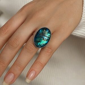NEW Oversized Abalone Statement Ring Silver Boho Iridescent Shell Jewelry GIFT 8